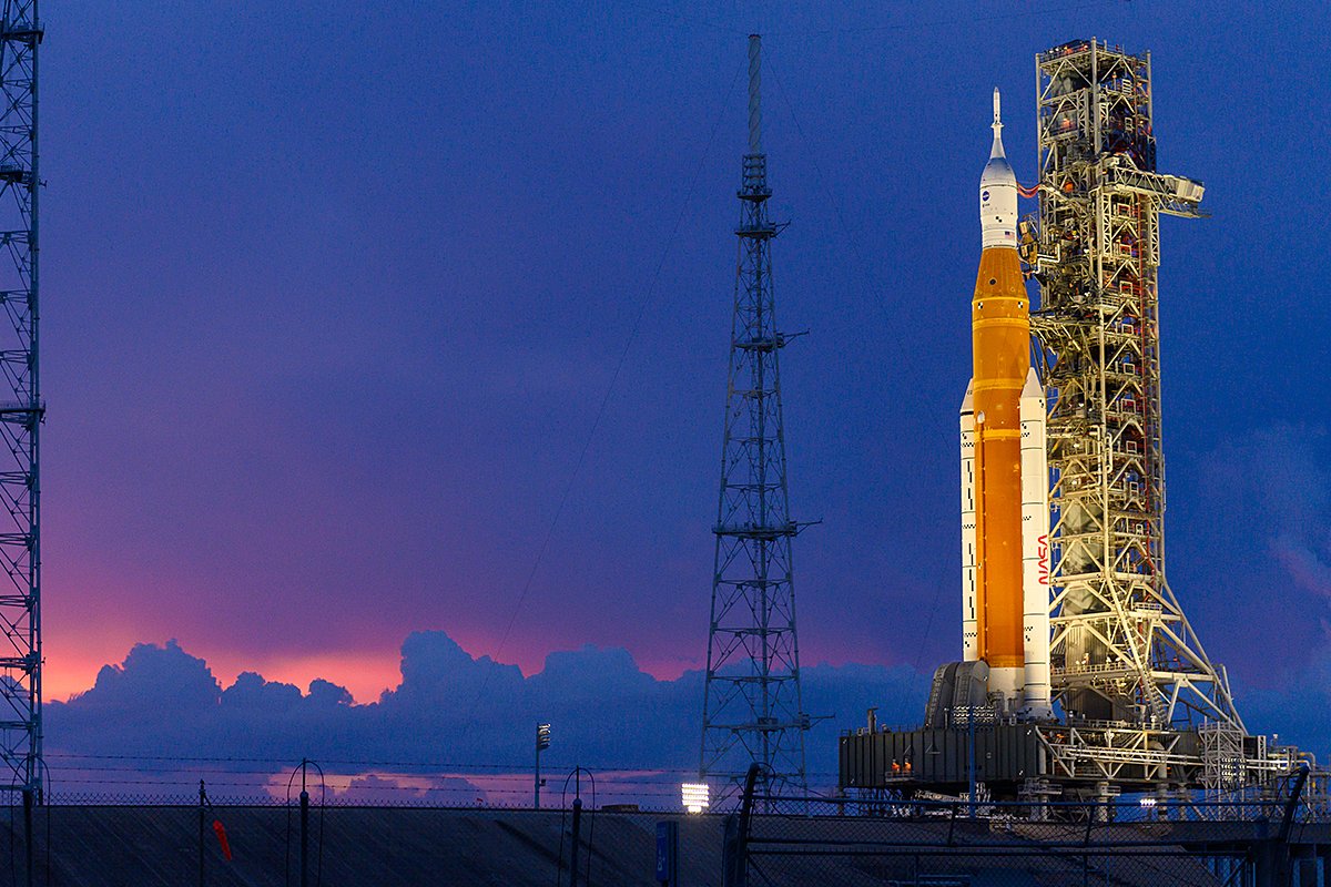 NASA’s Space Launch System (SLS) rocket with the Orion spacecraft aboard is seen atop the mobile launcher at Launch 39B at NASA’s Kennedy Space Center in Florida. Launch of the uncrewed flight test is targeted for no earlier than Sept. 3 at 2:17 p.m. ET.